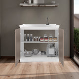 Napoles Utility Sink with Faucet Inclued and Integrated Steel Counter top, Freestanding cabinet with two doors, Metal Handles and Two interior shelves.