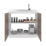 Napoles Utility Sink with Faucet Inclued and Integrated Steel Counter top, Freestanding cabinet with two doors, Metal Handles and Two interior shelves.