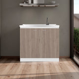 Napoles Utility Sink with Faucet Inclued and Integrated Steel Counter top, Freestanding cabinet with two doors, Metal Handles and Two interior shelves.
