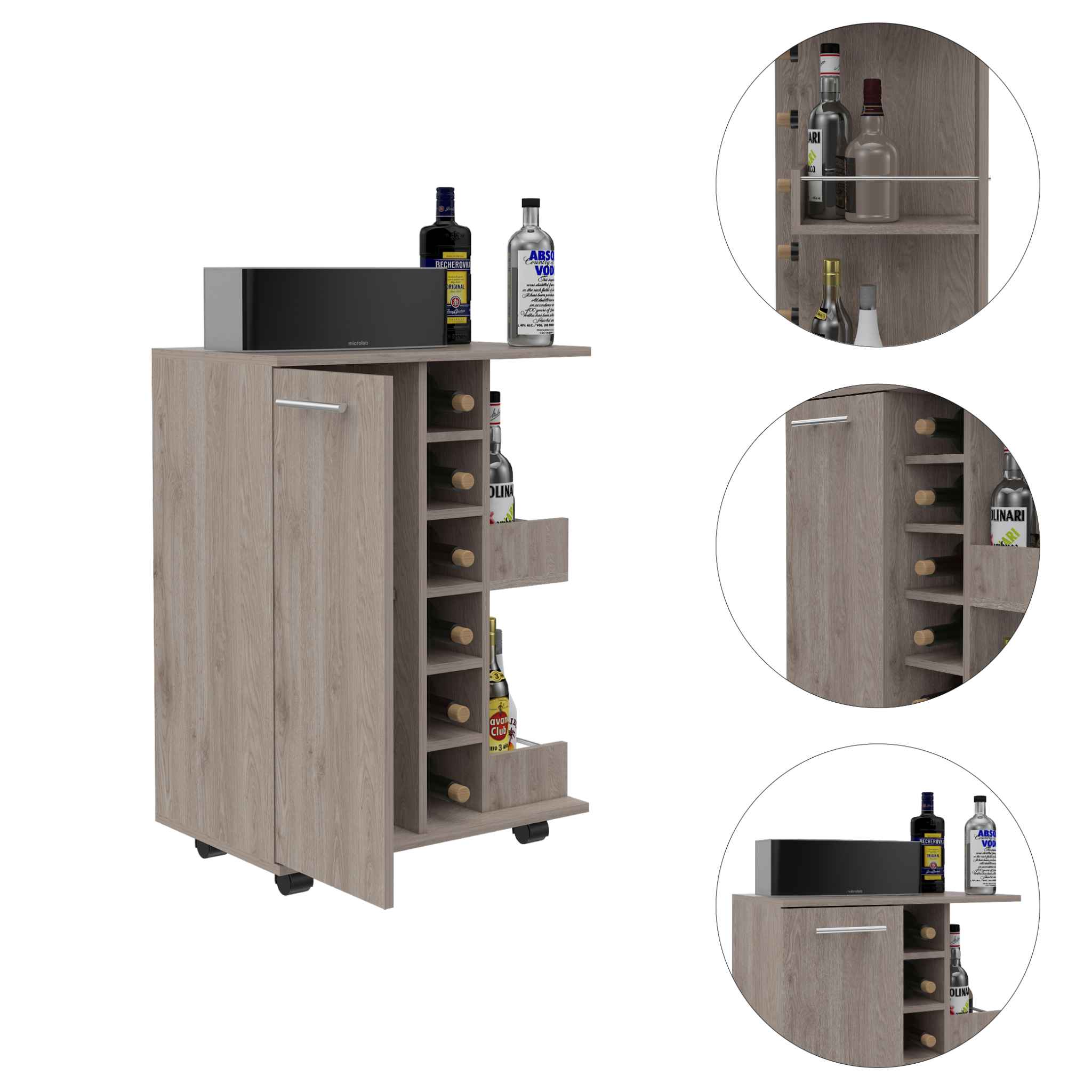 Magda Bar Cart, Four Caster, Six Wine Cubbies, Single Door Cabinet, Two External Shelves