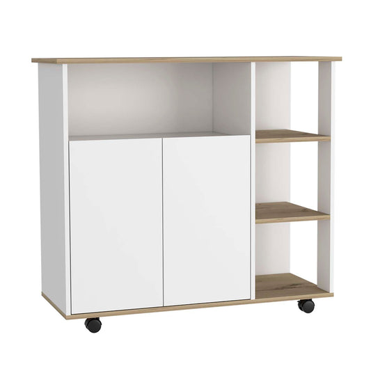 Tuhome Paprika Kitchen Cart with Double-Door Cabinet, Four Open Shelves, Locking Casters, Spacious Countertop Surface, Mobile Multi-Purpose Storage Organizer for Meal Prep, Small Appliances, and Modern Kitchen Efficiency