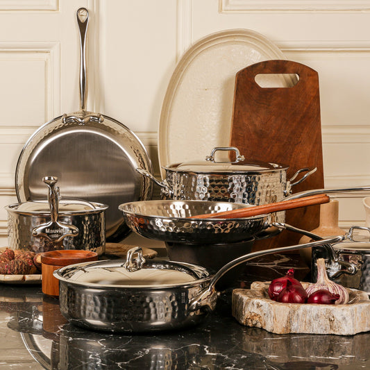 Mauviel M'ELITE Hammered 5-Ply Stewpan With Curved Lid, Cast Stainless Steel Handles, 6.2-Qt