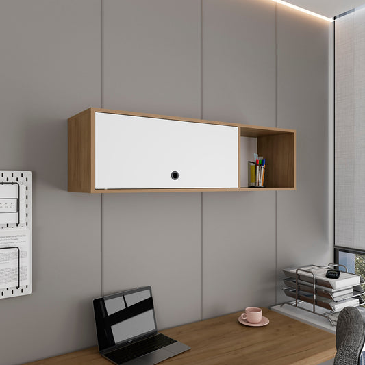 Sahara 47" Wide One-Door Wall Cabinet with Three Shelves and Pull-Up Door, Modern Storage Solution for Home Office, Living Room, Kitchen, and Garage, Stylish and Space-Saving Wall-Mounted Cabinet with White and Natural Oak Finish