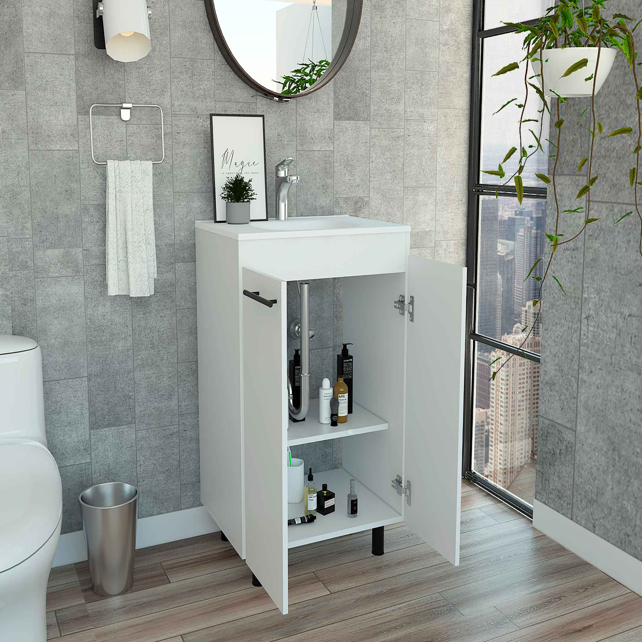 Dustin Freestanding Sink Cabinet, Four Legs, Double Door, Two Shelves