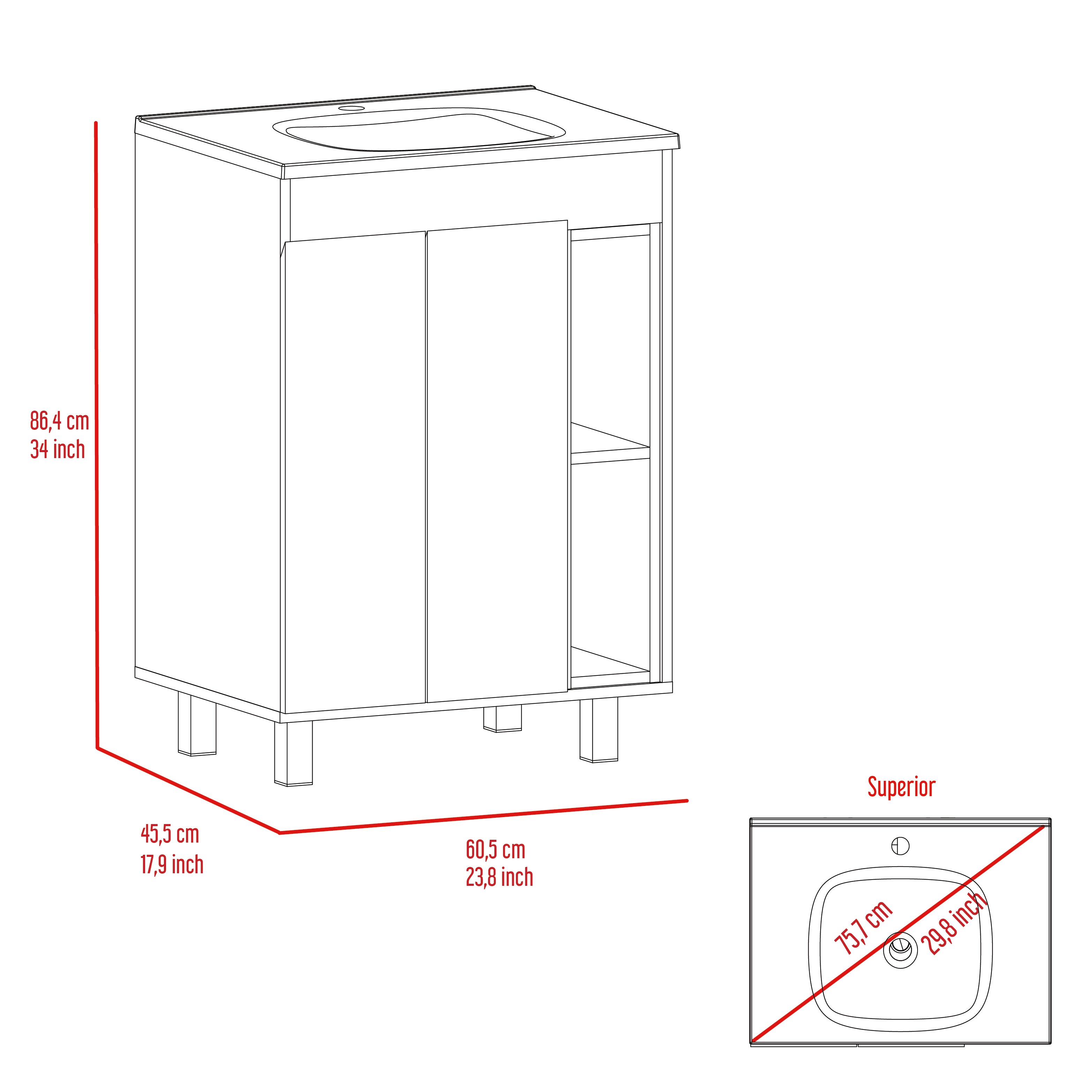 DEPOT E-SHOP Acra Free Standing Vanity, Two Interior Shelves, Two External Shelves, Double Door Cabinet