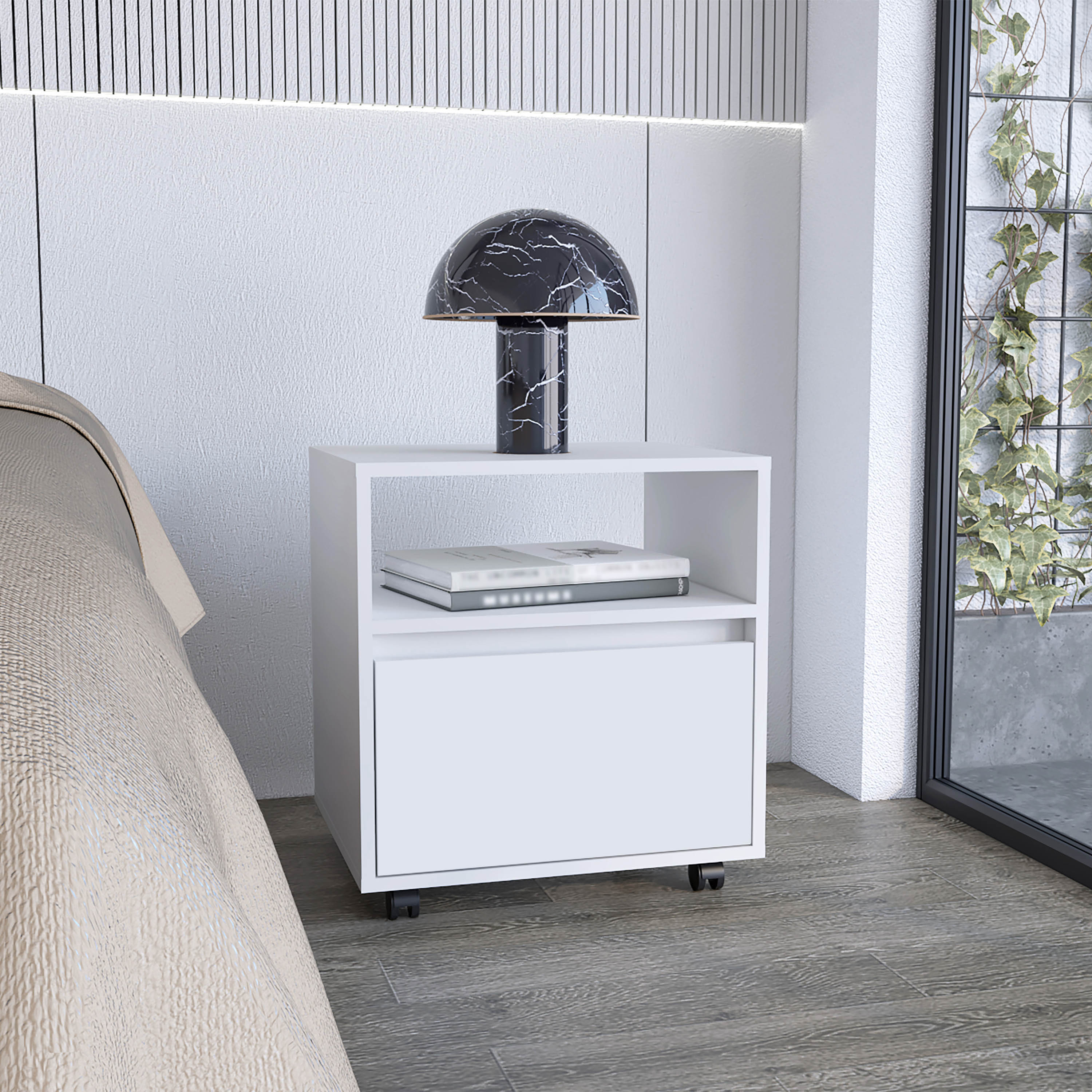 Wasilla Nightstand with Open Shelf, 1 Drawer and Casters