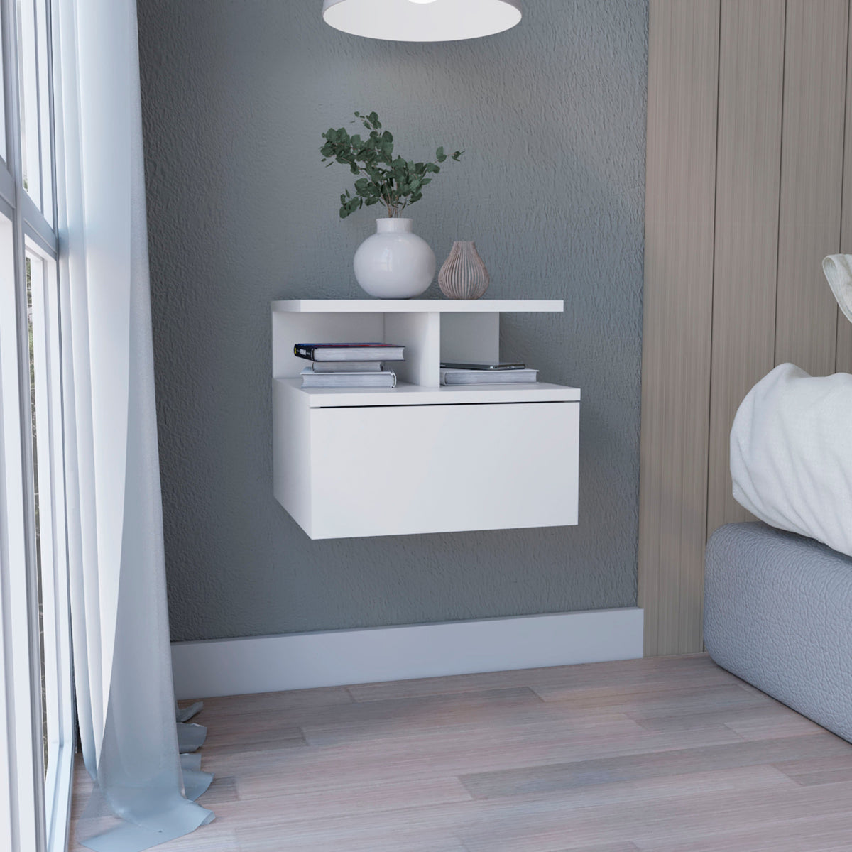 Seward Floating Nightstand, Wall Mounted with Single Drawer and 2-Tier Shelf