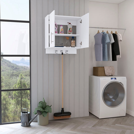 Tuhome Kymo Wall Storage Cabinet with Double Doors, Internal Shelving and Integrated Broom Hangers, Space-Saving Wall-Mounted Utility Organizer for Cleaning Supplies with Modern Design and Durable Construction
