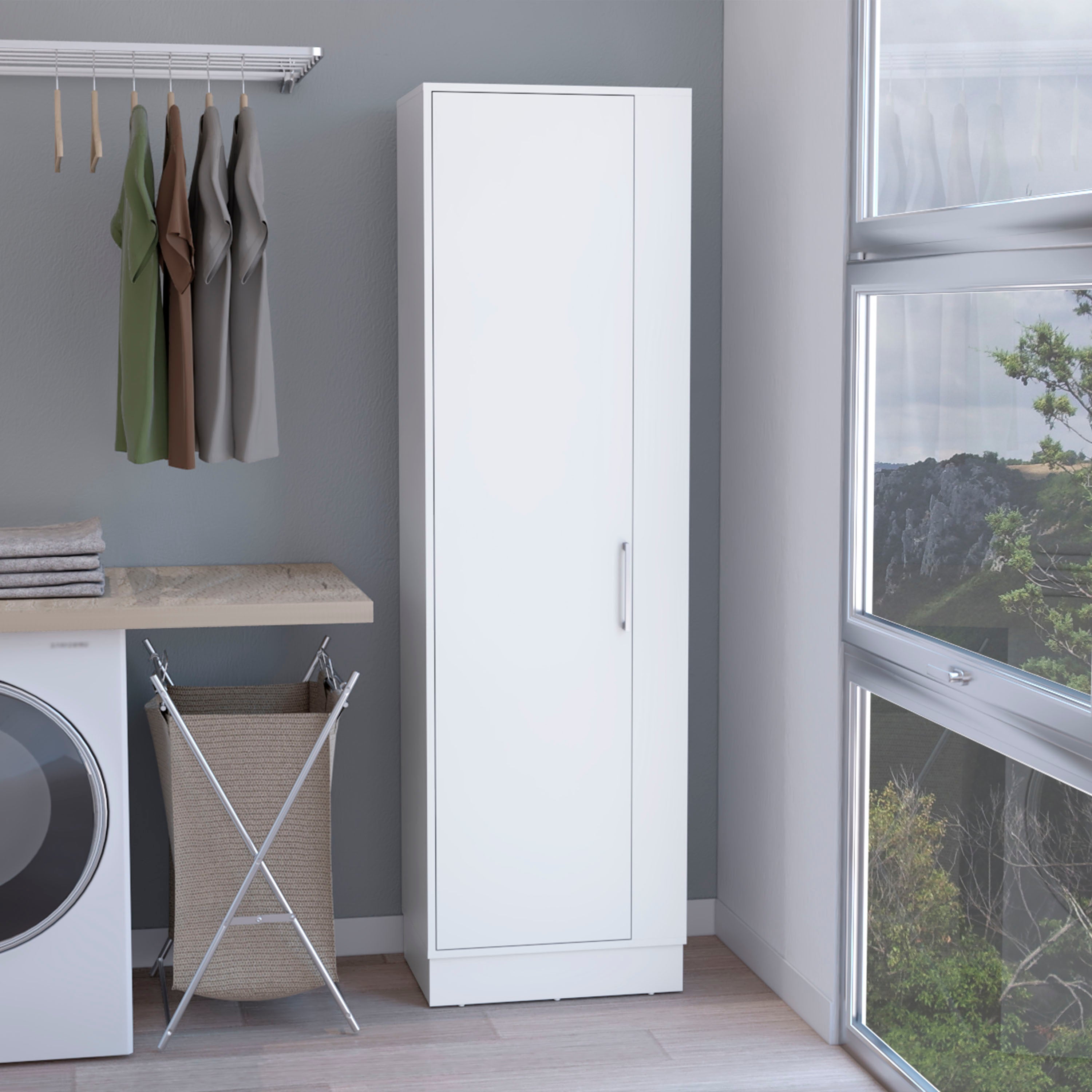 Fairfield Utility Storage Cabinet with 6-Tier Shelf and Broom Hangers, White Finish