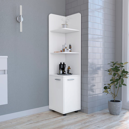 Tuhome Malibu 62" Tall Double Door Corner Linen Cabinet with Four Spacious Shelves, Freestanding Vertical Storage Tower for Towels Toiletries and Bathroom Essentials, Modern Space-Saving Organizer Unit