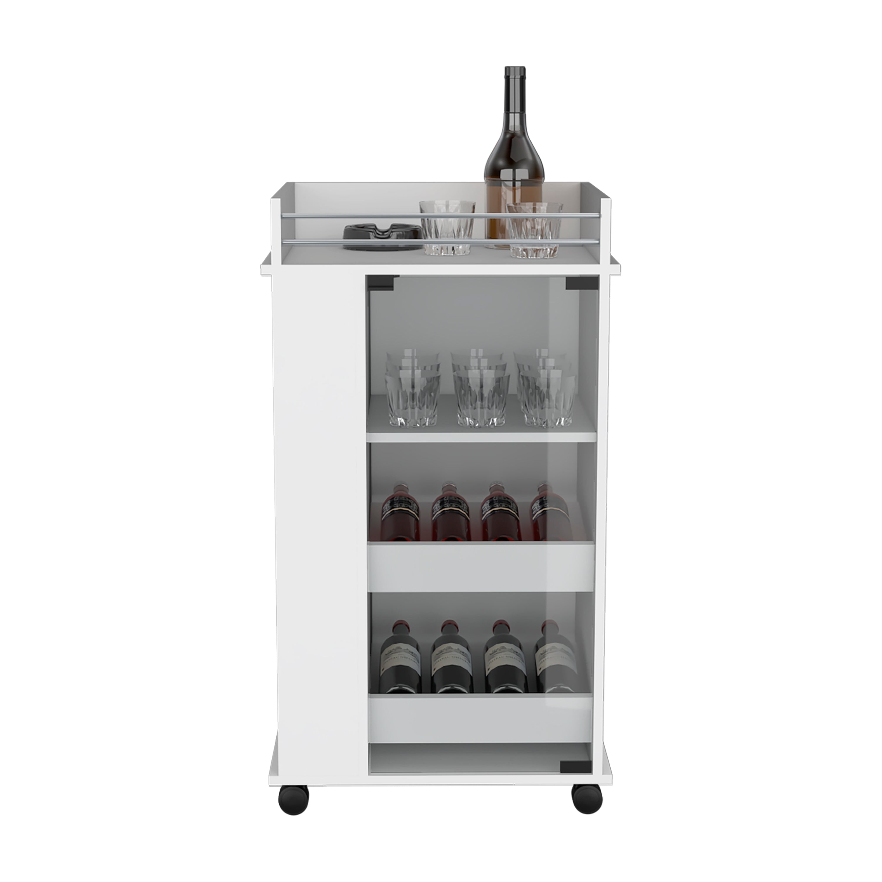 DEPOT E-SHOP Lansing Bar Cart with Glass Door, 2-Side Shelves and Casters