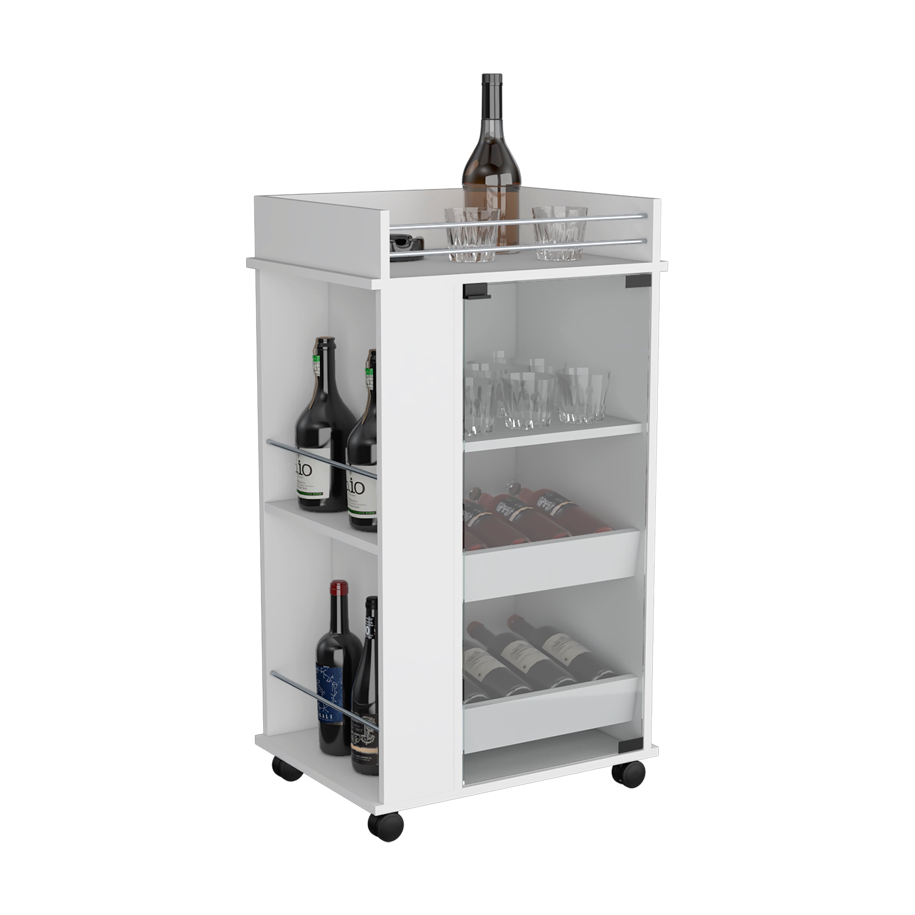 DEPOT E-SHOP Lansing Bar Cart with Glass Door, 2-Side Shelves and Casters