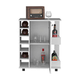 Lothian Bar Cart with Single-Door Cabinet, Two Side Storage Shelves, Built-In Six-Bottle Wine Rack and Smooth-Rolling Casters for Mobile Entertaining, Organized Beverage Service and Stylish Home Bar Functionality
