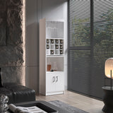 Kevil 71-Inch Tall Bar Cabinet with Pull-Out Tray, 12-Bottle Wine Cubbies, Glass Holder Stemware Rack, Multi-Tier Shelves, Liquor Storage, Adjustable Compartments and Modern Freestanding Design for Home Entertainment