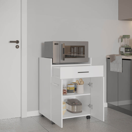 Glover Kitchen Cart with Casters, Open Shelves, Drawer, and Cabinet Storage, Mobile Kitchen Island for Enhanced Functionality, Convenient and Versatile Storage Solution for Cooking and Organization
