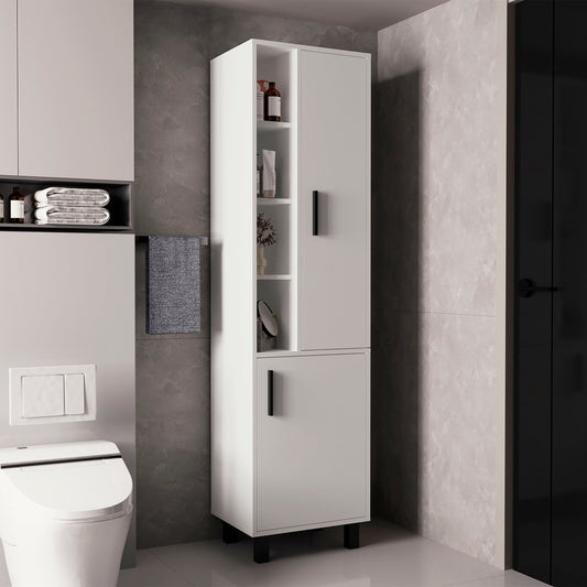 Stanton Tall Storage Cabinet with Two Doors and Three Open Shelves, Freestanding Vertical Organizer for Towels, Toiletries, and Cleaning Supplies, Perfect for Bathrooms, Laundry Rooms, and Utility Spaces