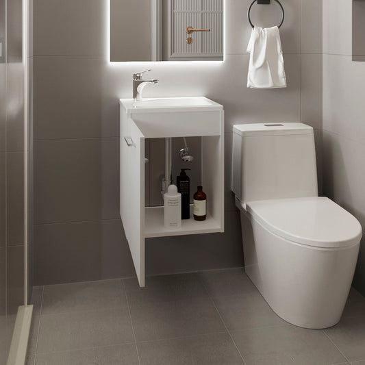 Saju 15.7" Floating Vanity with Resin Sink, One-Door Cabinet, and Open Shelf for Modern Bathroom Storage, Space-Saving Design for Small Bathrooms, Powder Rooms, and Tight Spaces, Ideal for Contemporary Interiors