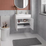 Chaux Floating Vanity, Wall-Mounted Bathroom Unit with Double Soft-Close Doors, Durable Resin Sink, Two Open Shelves for Smart Storage, Modern Bathroom Storage Solution for Small Spaces and Compact Bathrooms