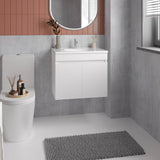 Chaux Floating Vanity, Wall-Mounted Bathroom Unit with Double Soft-Close Doors, Durable Resin Sink, Two Open Shelves for Smart Storage, Modern Bathroom Storage Solution for Small Spaces and Compact Bathrooms