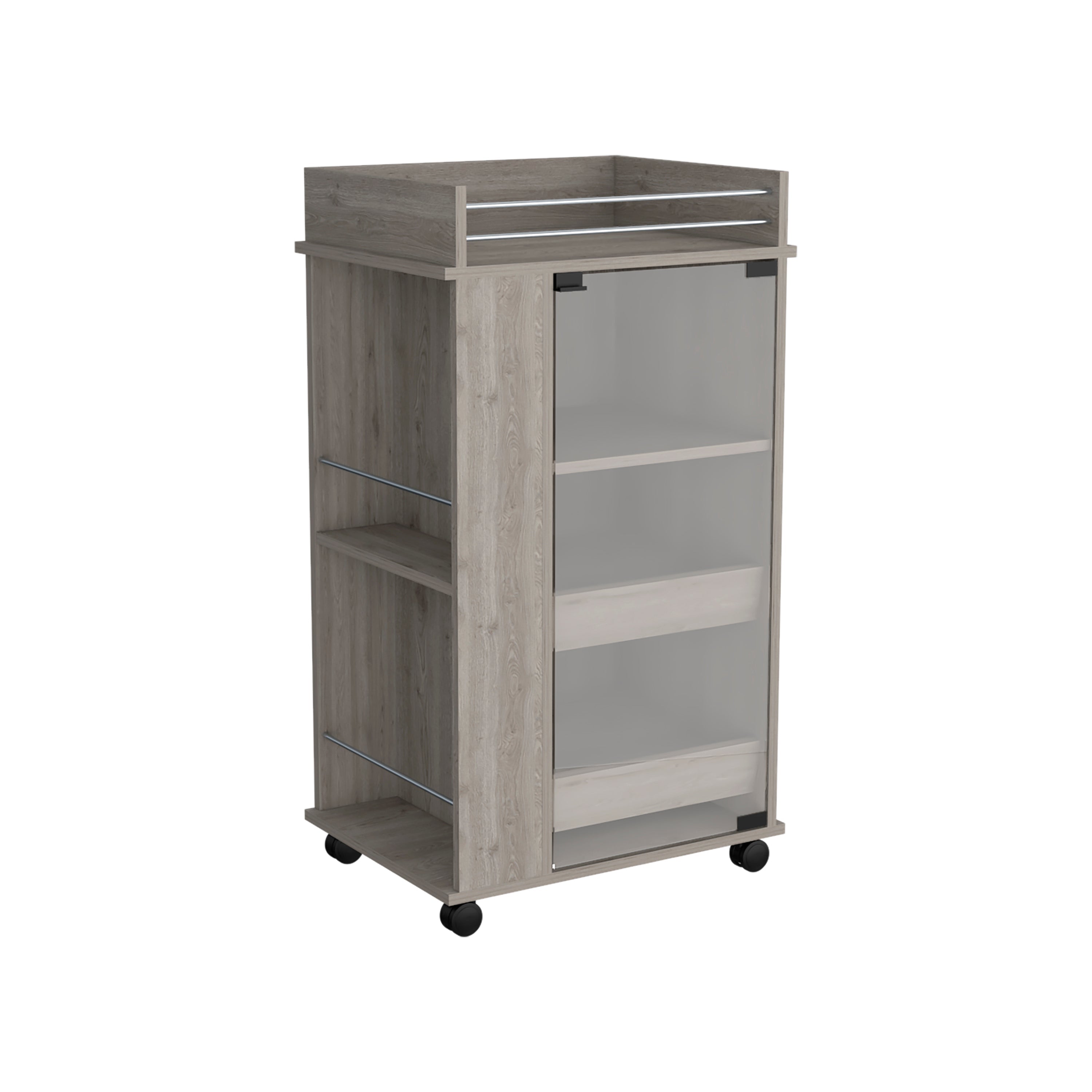 DEPOT E-SHOP Lansing Bar Cart with Glass Door, 2-Side Shelves and Casters, Light Gray