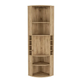 Oban Corner Bar Cabinet with Five Shelves, Eight Bottle Cubbies and Stemware Storage, Space-Saving Full-Corner Design for Home Entertainment, Multi-Level Display and Organized Beverage Storage for Modern Living Spaces