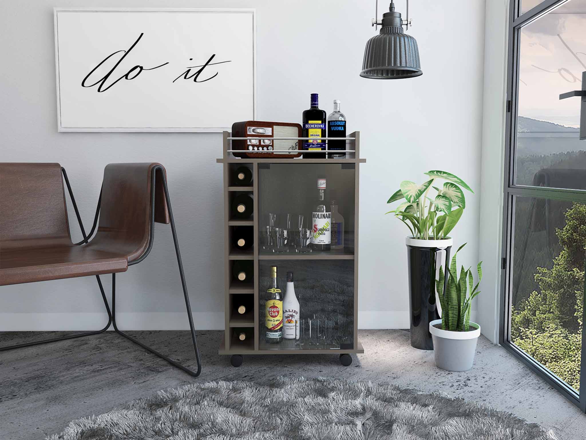 Huali Bar Cart, Six Wine Cubbies, Glass Door, Four Caster, Two Shelves