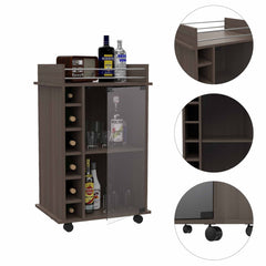 Huali Bar Cart, Six Wine Cubbies, Glass Door, Four Caster, Two Shelves