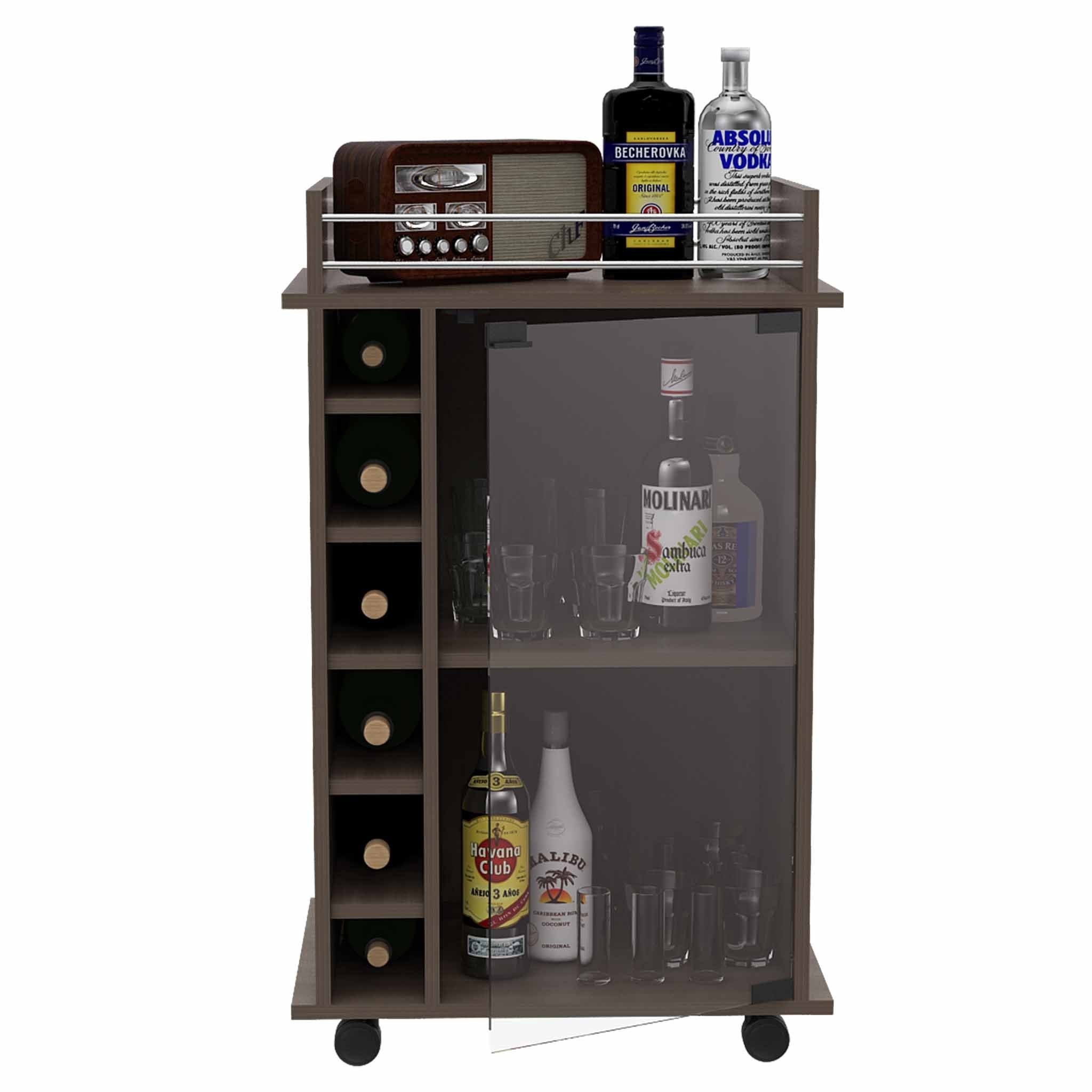 Huali Bar Cart, Six Wine Cubbies, Glass Door, Four Caster, Two Shelves