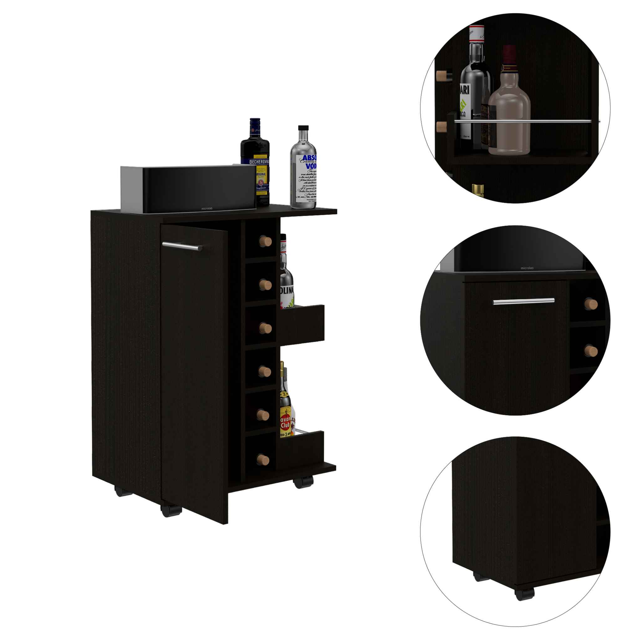 Magda Bar Cart, Four Caster, Six Wine Cubbies, Single Door Cabinet, Two External Shelves