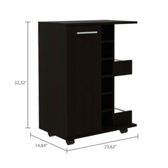 Magda Bar Cart, Four Caster, Six Wine Cubbies, Single Door Cabinet, Two External Shelves