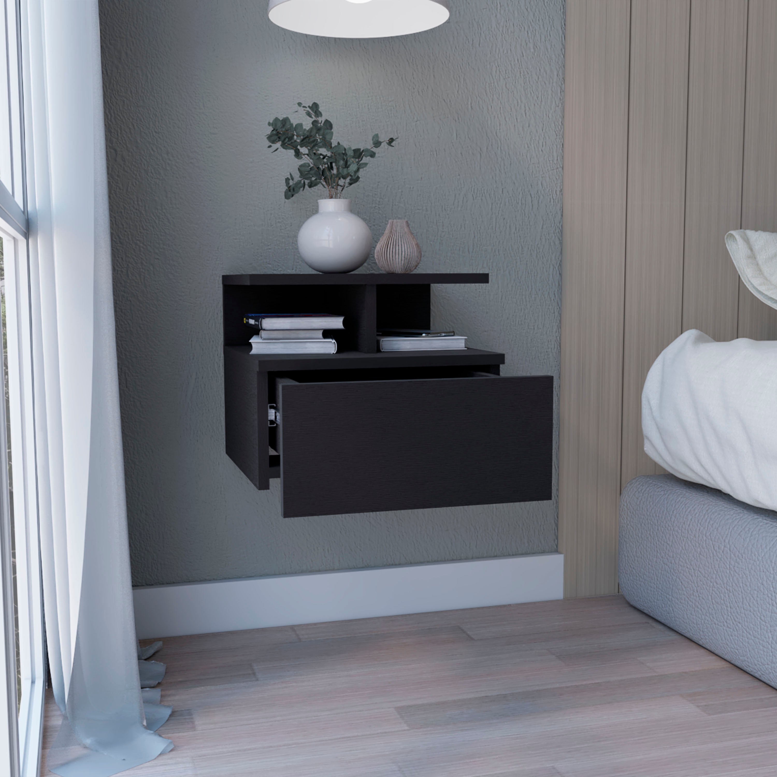 Seward Floating Nightstand, Wall Mounted with Single Drawer and 2-Tier Shelf