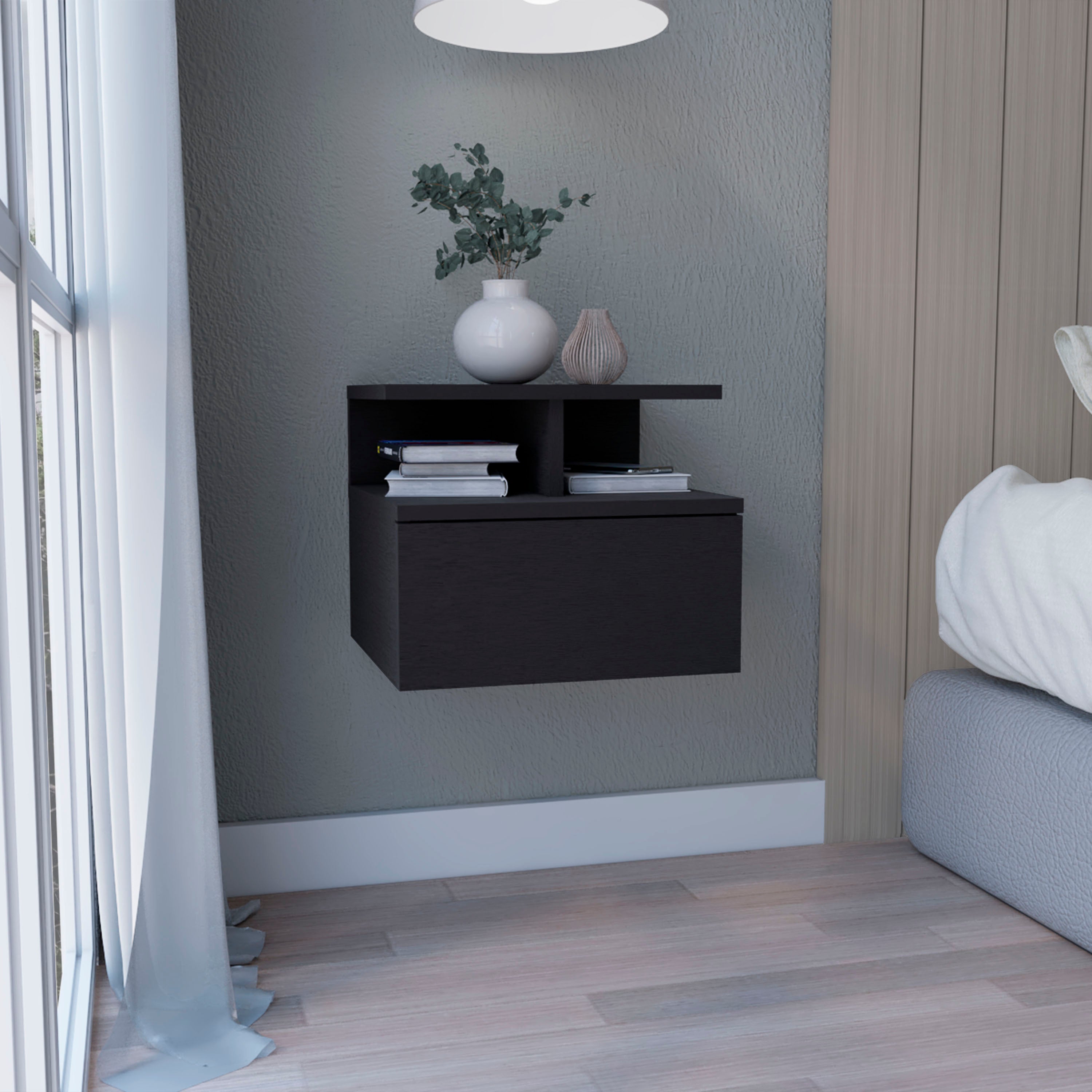 Seward Floating Nightstand, Wall Mounted with Single Drawer and 2-Tier Shelf