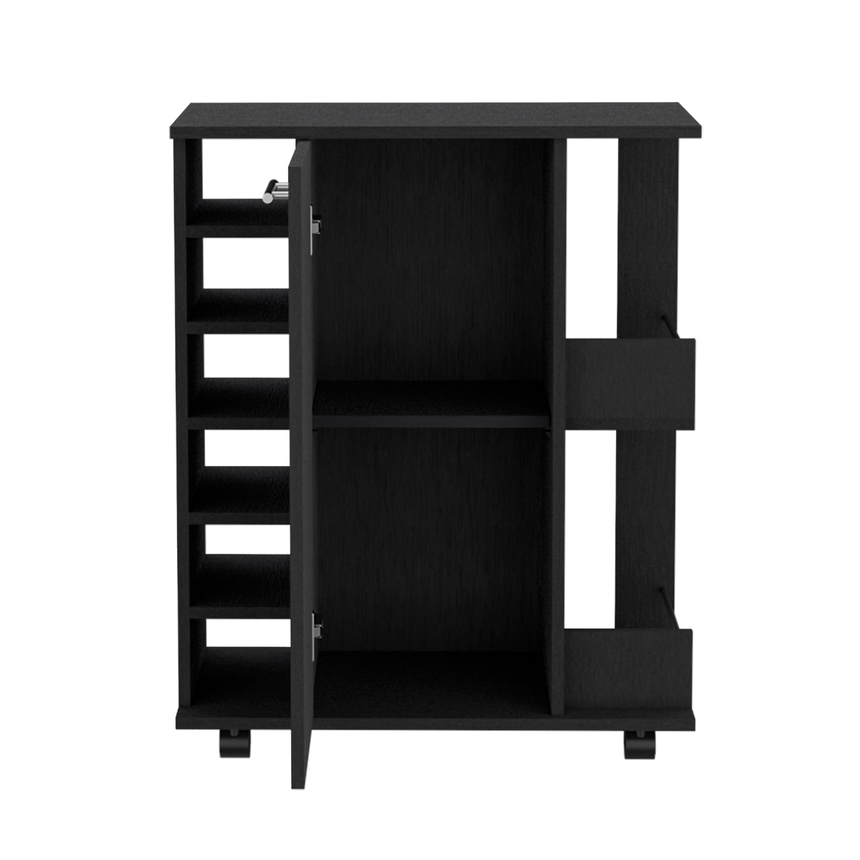 DEPOT E-SHOP Selden Bar Cart with 6-Built in Bottle Racks, Casters and 2-Open Side Shelves, Black