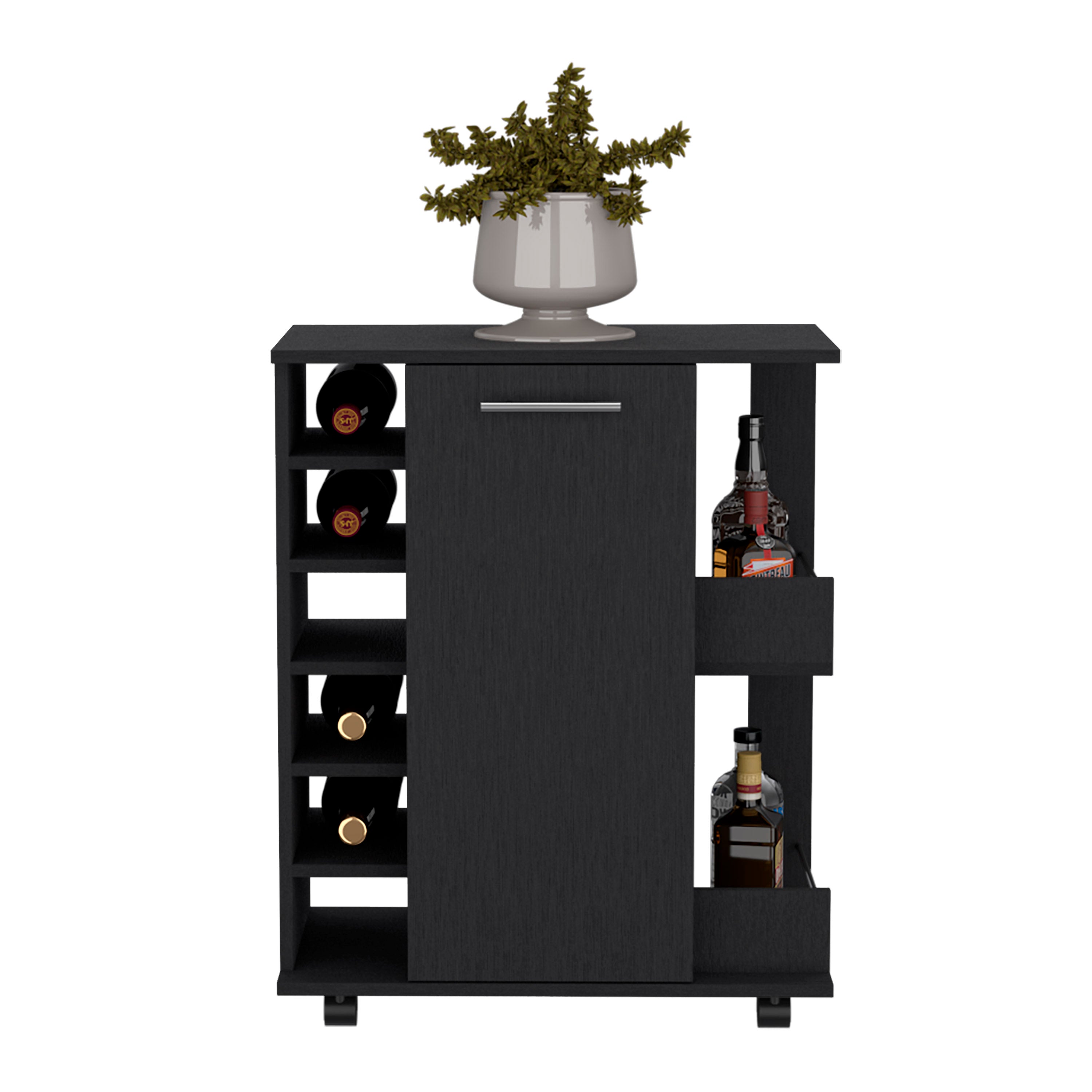 DEPOT E-SHOP Selden Bar Cart with 6-Built in Bottle Racks, Casters and 2-Open Side Shelves, Black