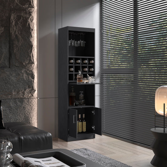 Kevil 71-Inch Tall Bar Cabinet with Pull-Out Tray, 12-Bottle Wine Cubbies, Glass Holder Stemware Rack, Multi-Tier Shelves, Liquor Storage, Adjustable Compartments and Modern Freestanding Design for Home Entertainment
