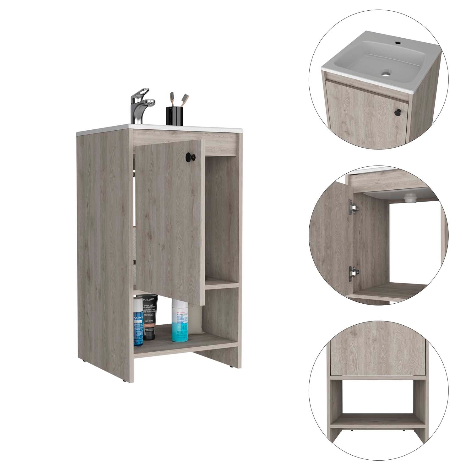 Bravos Bathroom Vanity, Sink, Two Shelves, Single Door Cabinet