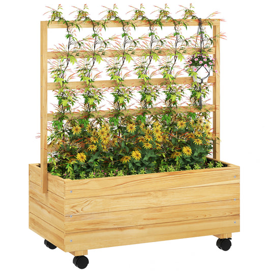 Outsunny Raised Garden Bed with Trellis and Wheels, Outdoor Planter Wooden Elevated Garden Bed for Garden, Patio, Natural