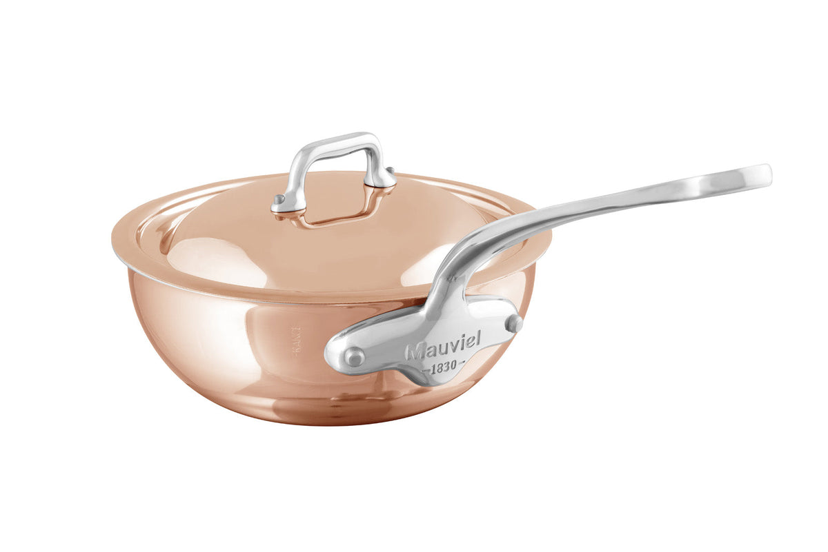 Mauviel M'6 S Induction Copper Curved Splayed Saute Pan With Lid, Cast Stainless Steel Handle, 3.4-Qt