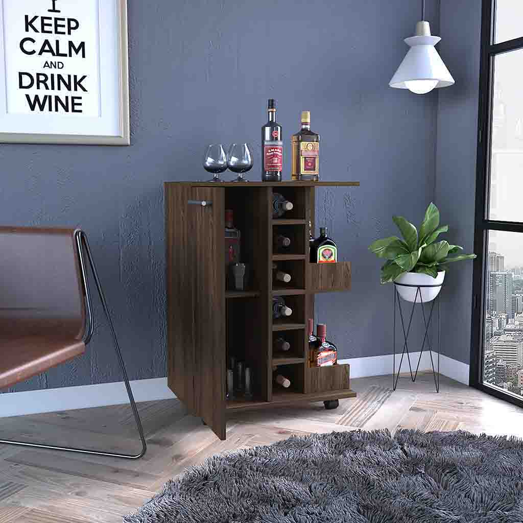 Magda Bar Cart, Four Caster, Six Wine Cubbies, Single Door Cabinet, Two External Shelves