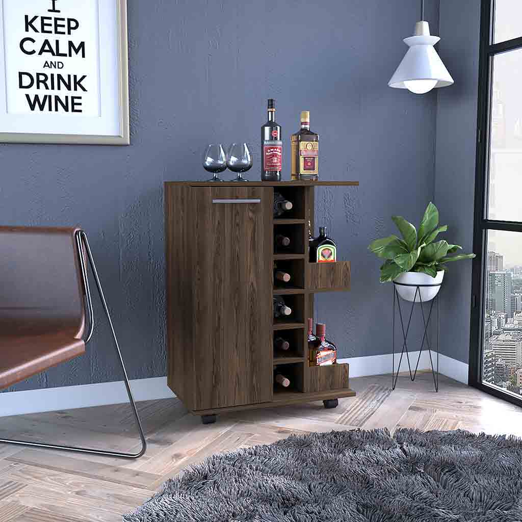 Magda Bar Cart, Four Caster, Six Wine Cubbies, Single Door Cabinet, Two External Shelves