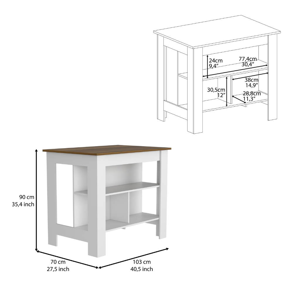 Delos Kitchen Island, Four Legs, Three Shelves