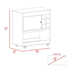 Lotus Bar Cart, Six Bottle Cubbies, One Cabinet, Four Casters