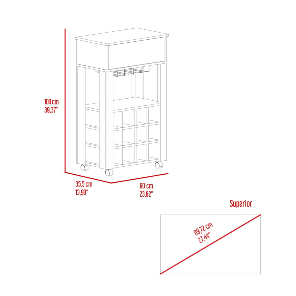 Margh Bar Cart, Twelve Wine Cubbies, One Open Shelf