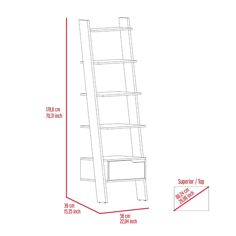 Kobe Ladder Bookcase, One Drawer, Five Open Shelves