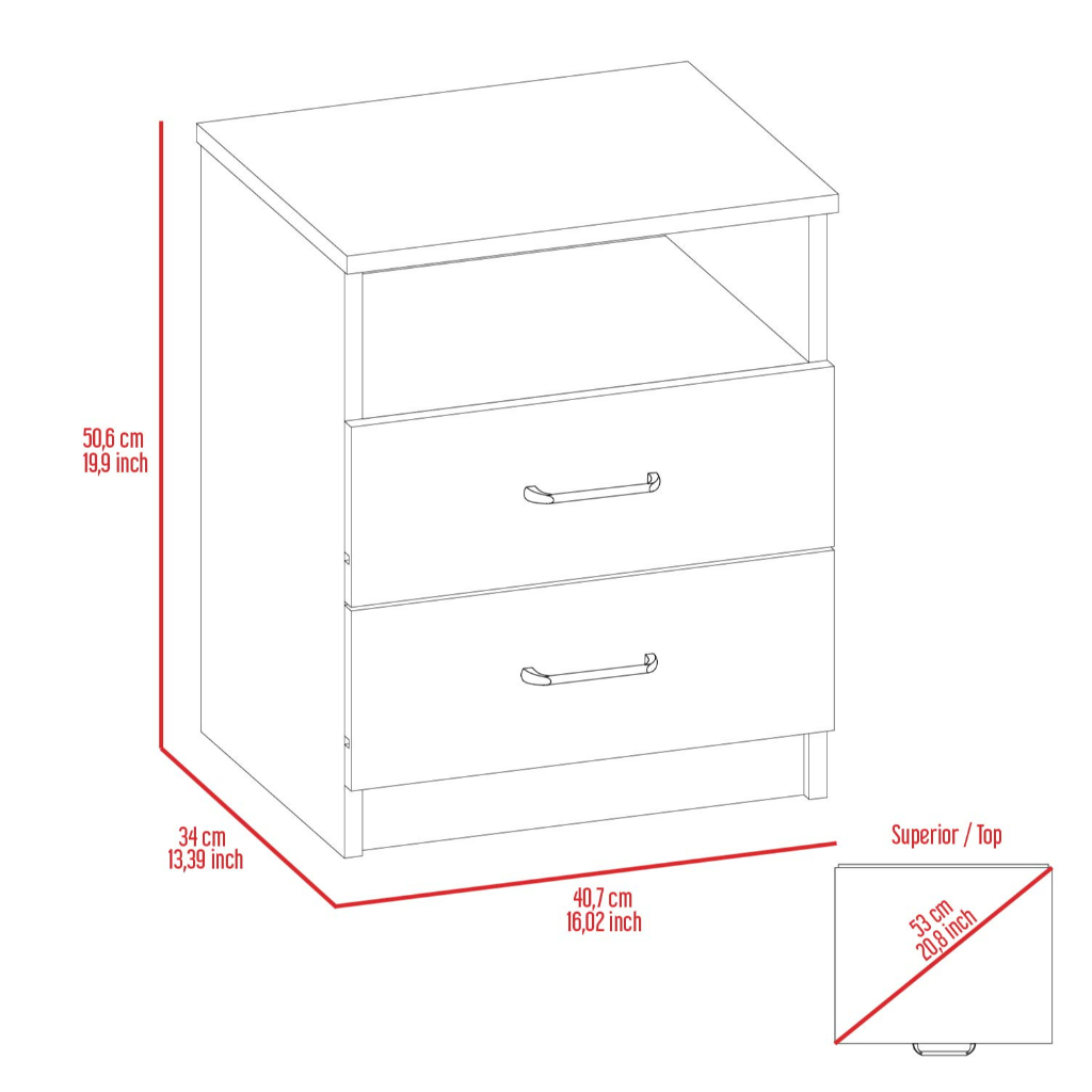 Salento Nightstand, Two Drawers, One Shelf, Superior Top