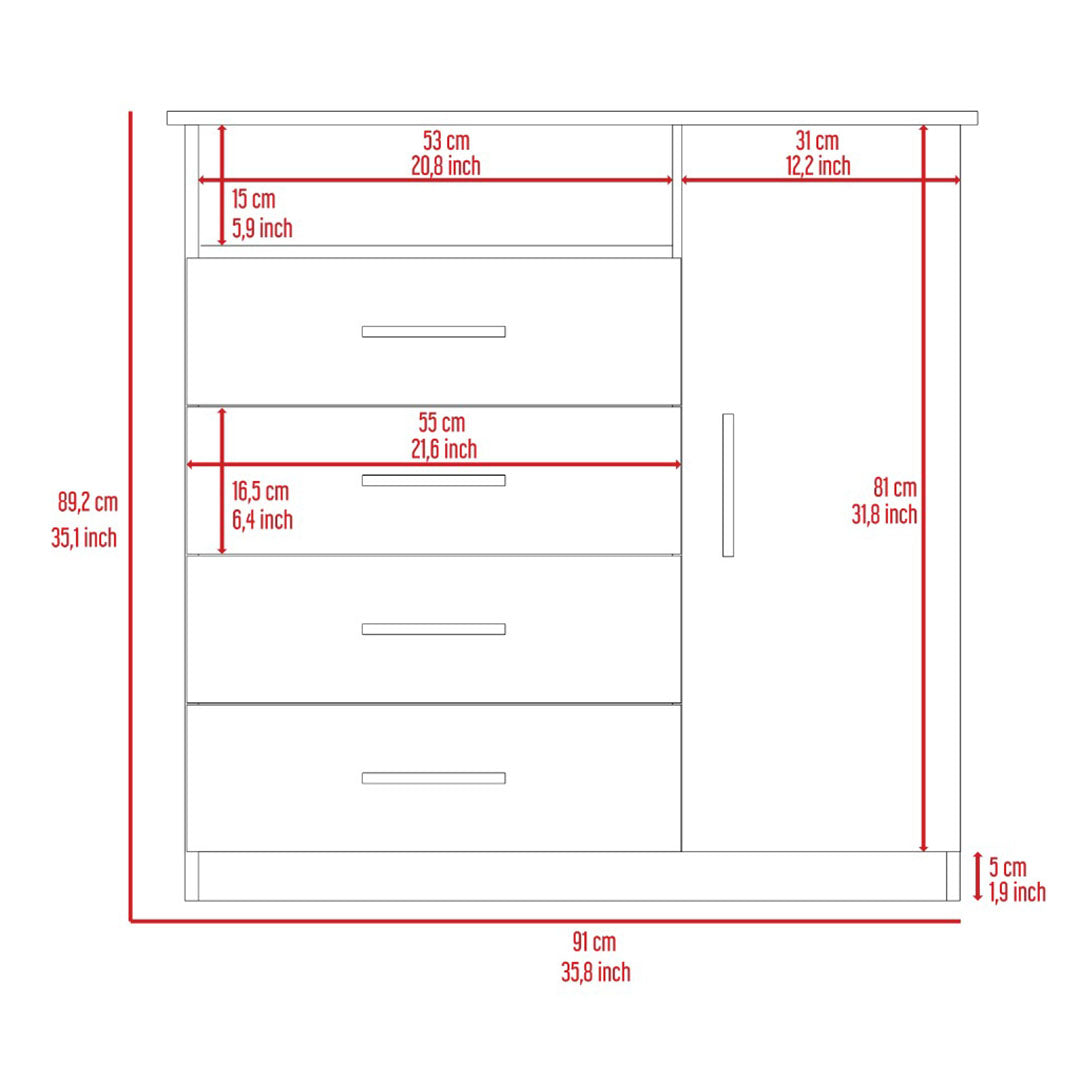 Sierra 4 Drawer Dresser, Single Door Cabinet, One Open Shelf