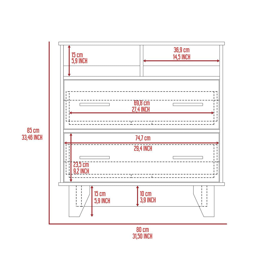 Gentile Double Drawer Dresser, Two Open Shelves, Superior Top