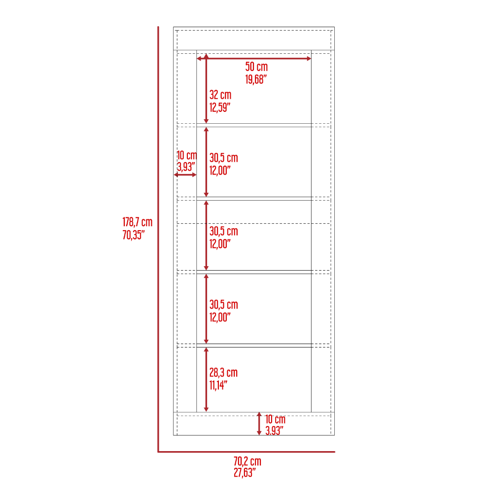 Poros Bookcase, Five Shelves, Vertical Design