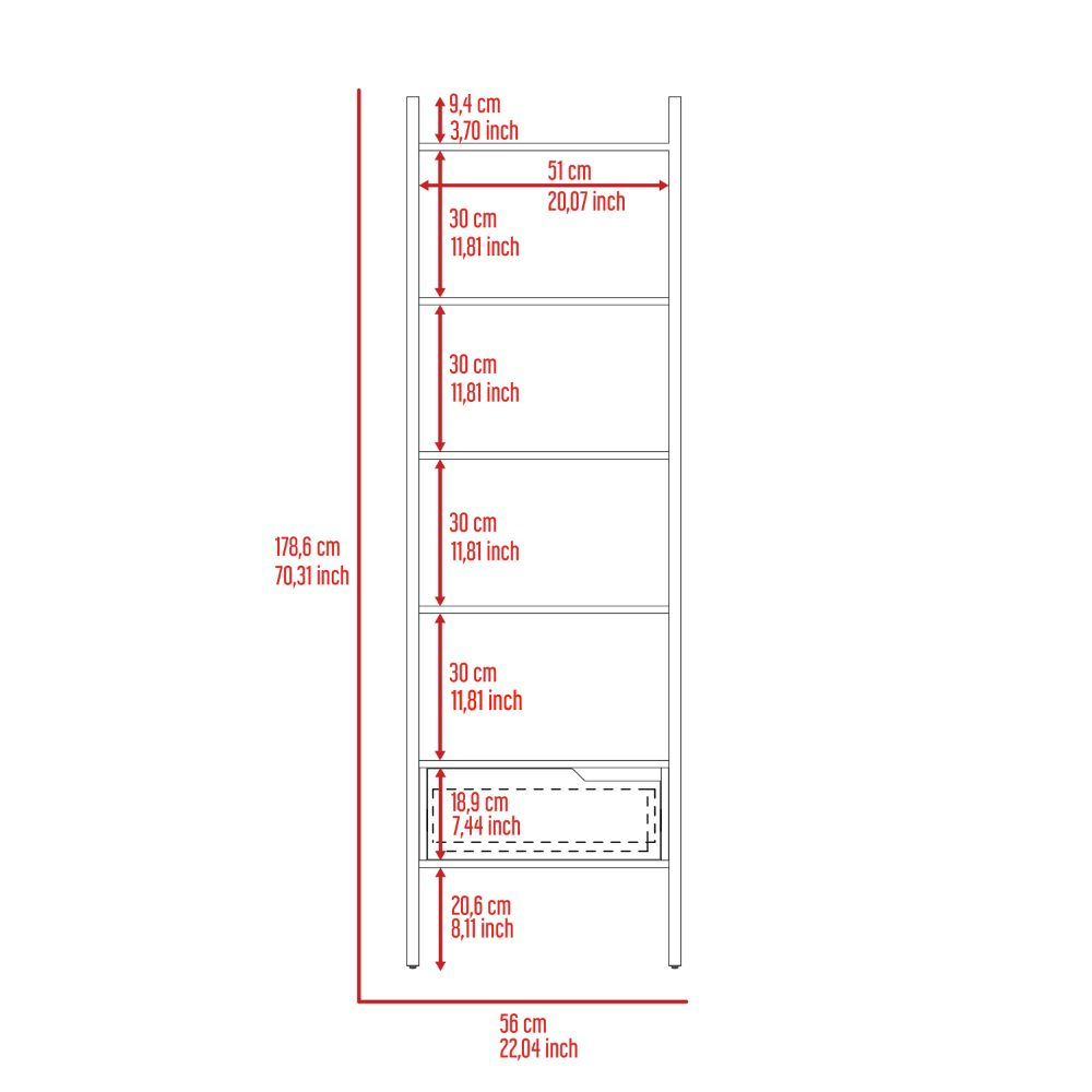 Kobe Ladder Bookcase, One Drawer, Five Open Shelves