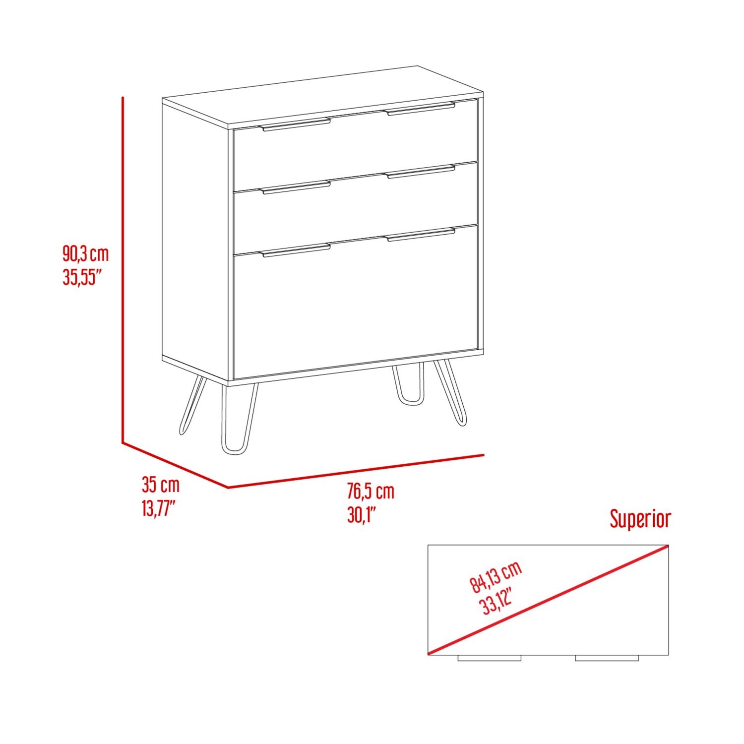 Augusta Dresser, Hairpin Legs, Three Drawers, Superior Top